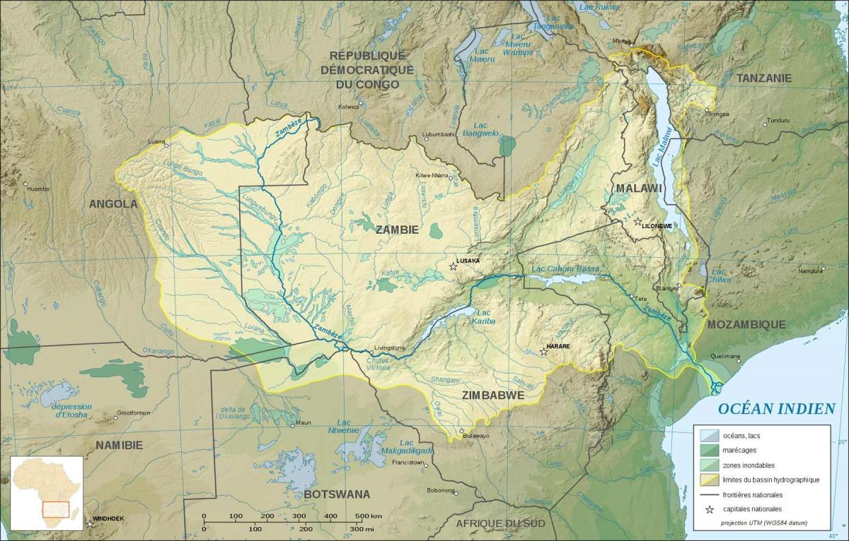 Zambiya haritası nehirler ve göller gösteriliyor 